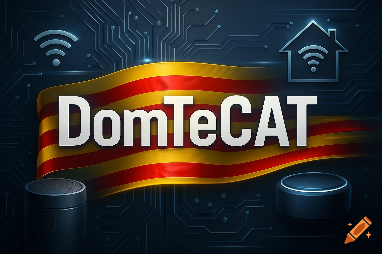 A Catalan flag banner with 'DomTeCAT' text, surrounded by technology and smart home icons on a circuit board background.