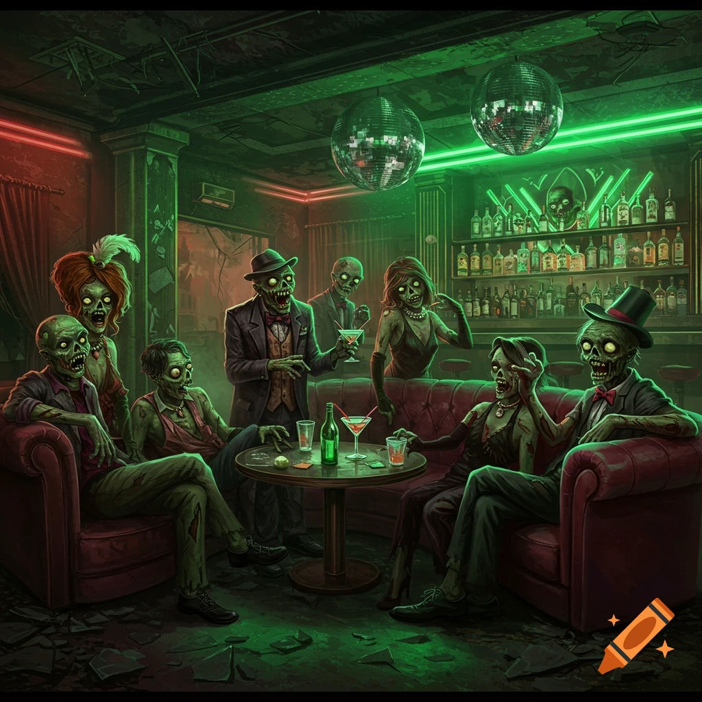 Stylized illustration of zombies happily drinking cocktails in a dimly lit, post-apocalyptic lounge with disco balls and neon lights.