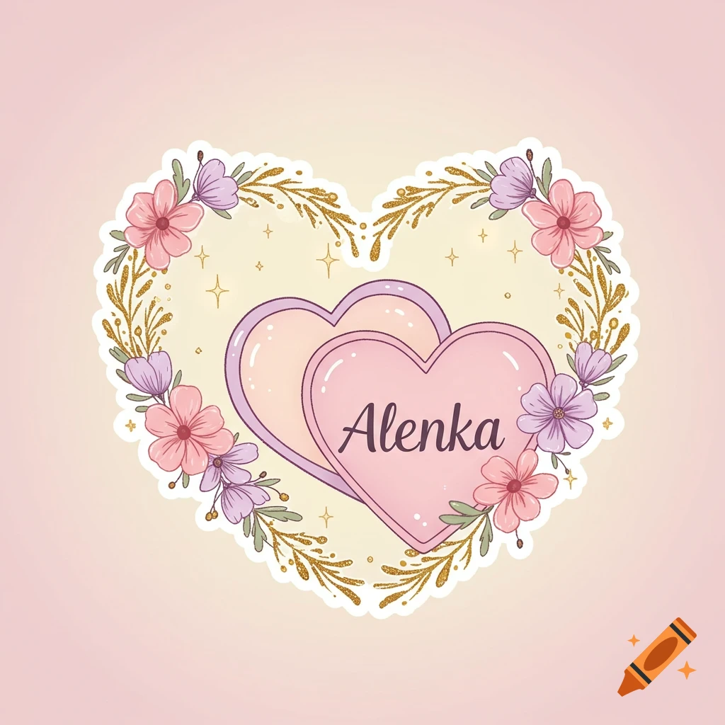 Heart-shaped sticker with a floral wreath and golden accents, featuring two pastel hearts, one inscribed with 'Alenka'.