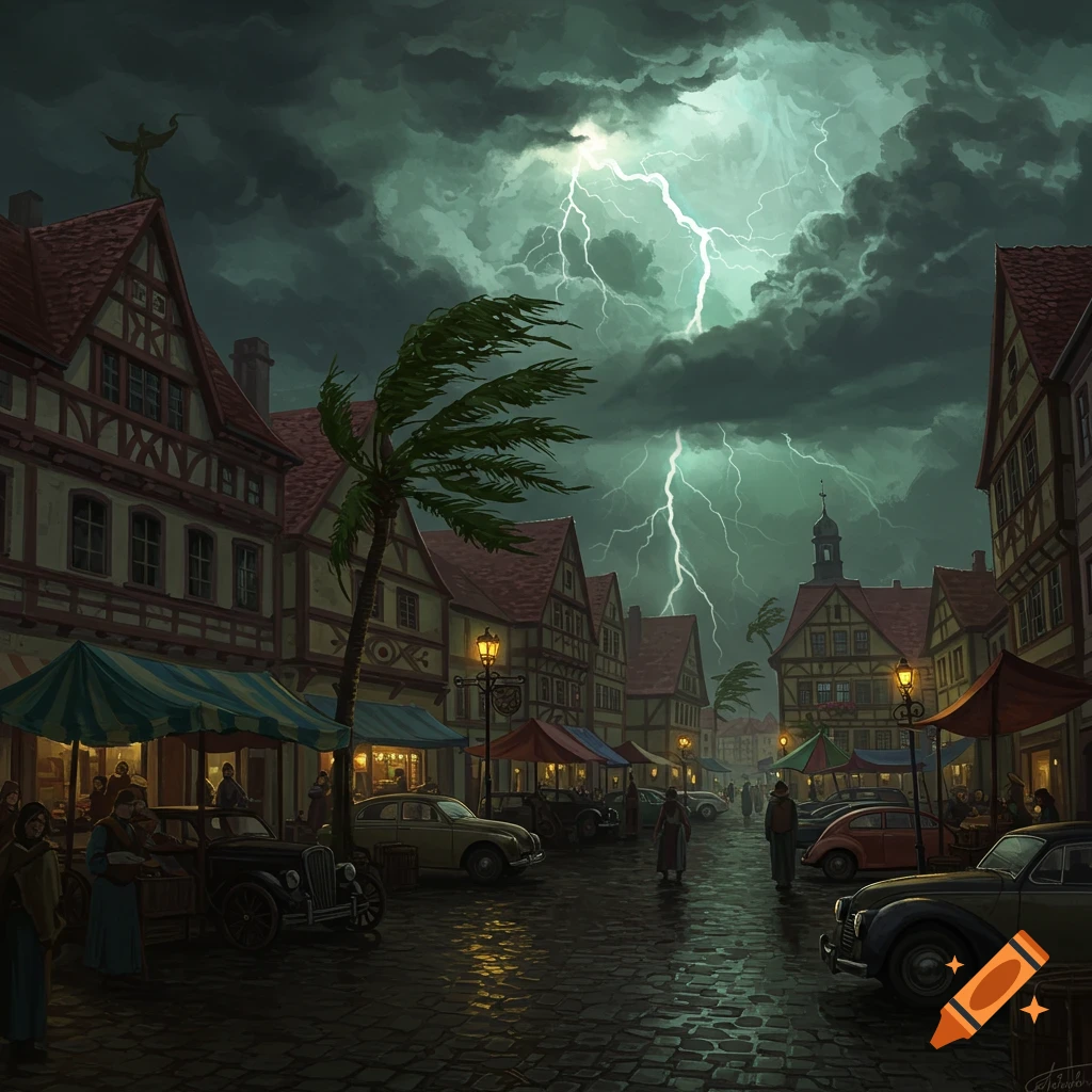 A detailed illustration of a stormy market square with vintage cars and people on wet cobblestones, framed by half-timbered buildings under lightning.