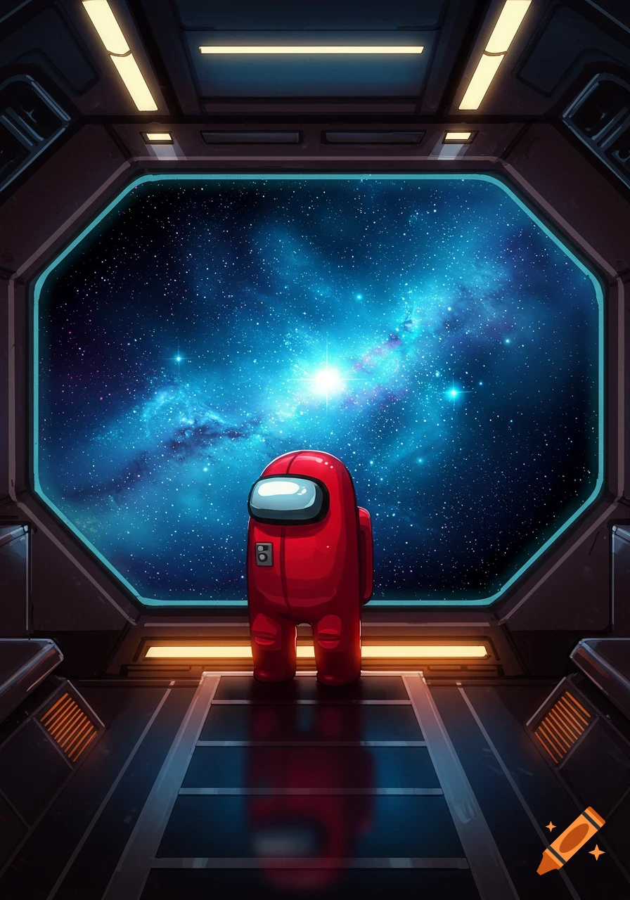 Red Among Us character stands in a spaceship, looking out an octagonal window at a blue galaxy.