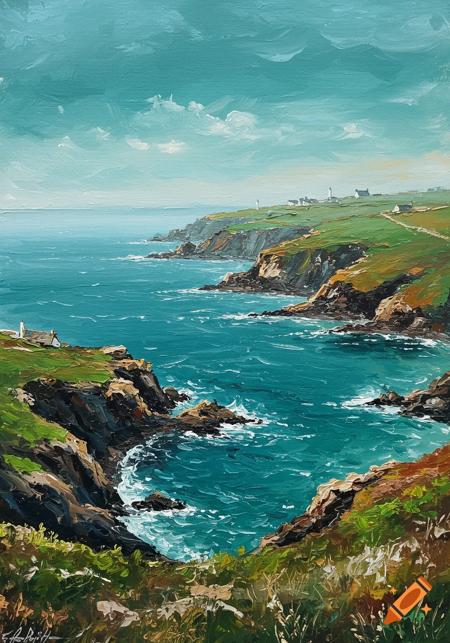 A vibrant impasto painting of a rugged coastline with green clifftops, a blue-green sea, and distant lighthouses under a bright sky.