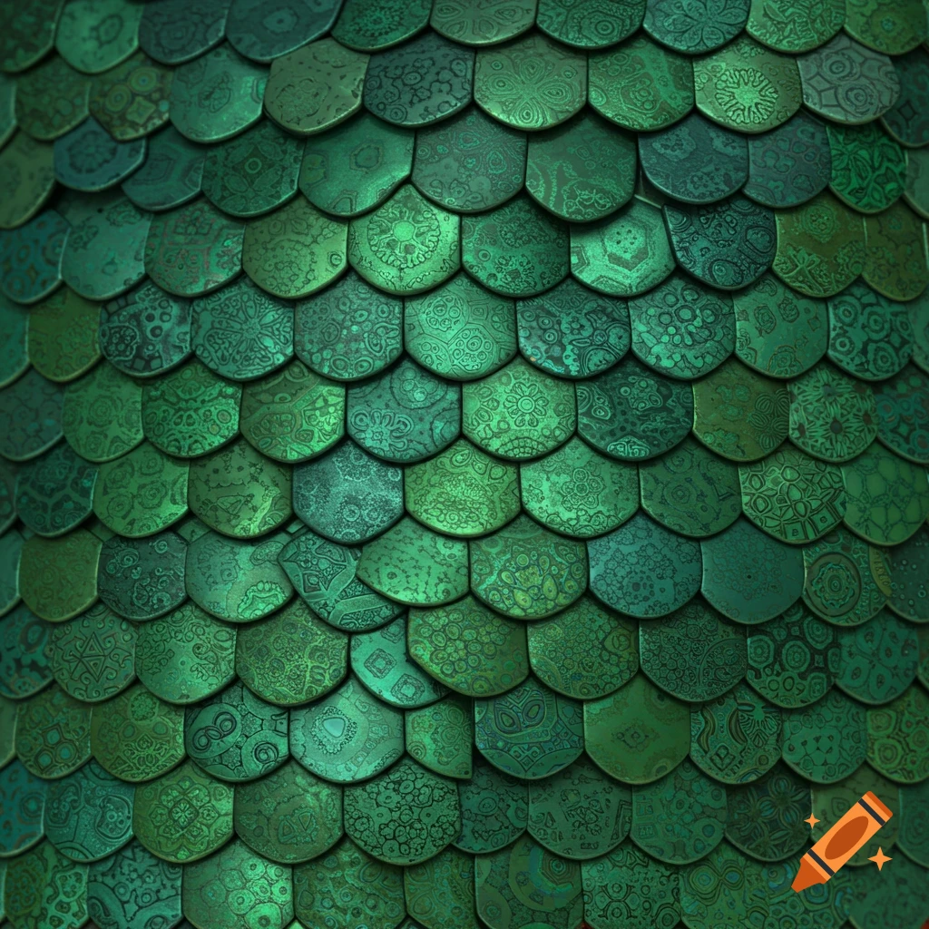 Close-up of overlapping green scales, each with a unique intricate pattern.
