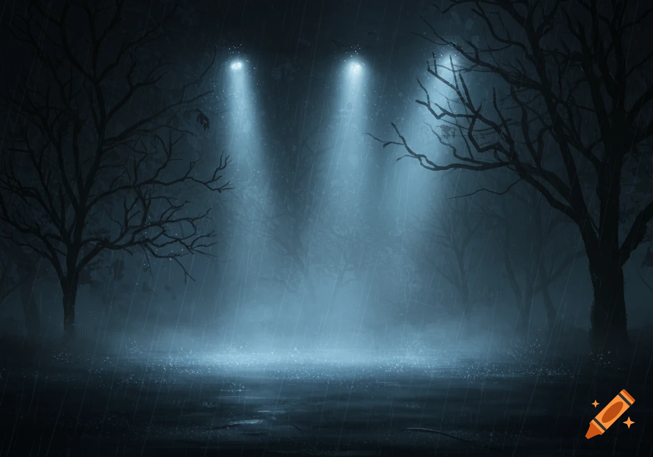 Dark, atmospheric illustration of a rainy forest at night with two bright light beams shining down through the mist.