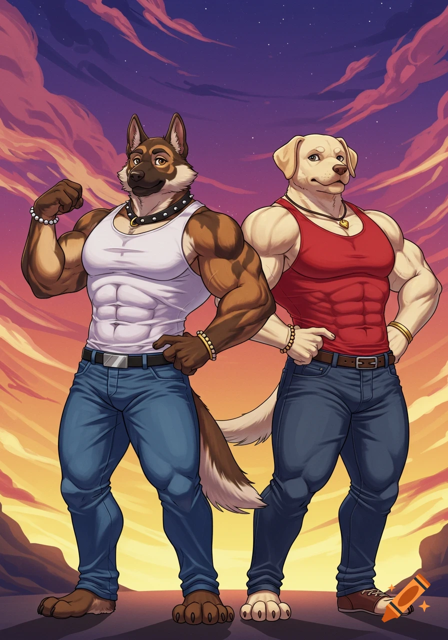 Anime drawing of a muscular German Shepherd in a white tank top and jeans flexing with a muscular Labrador in a red tank top and jeans against a sunset sky.
