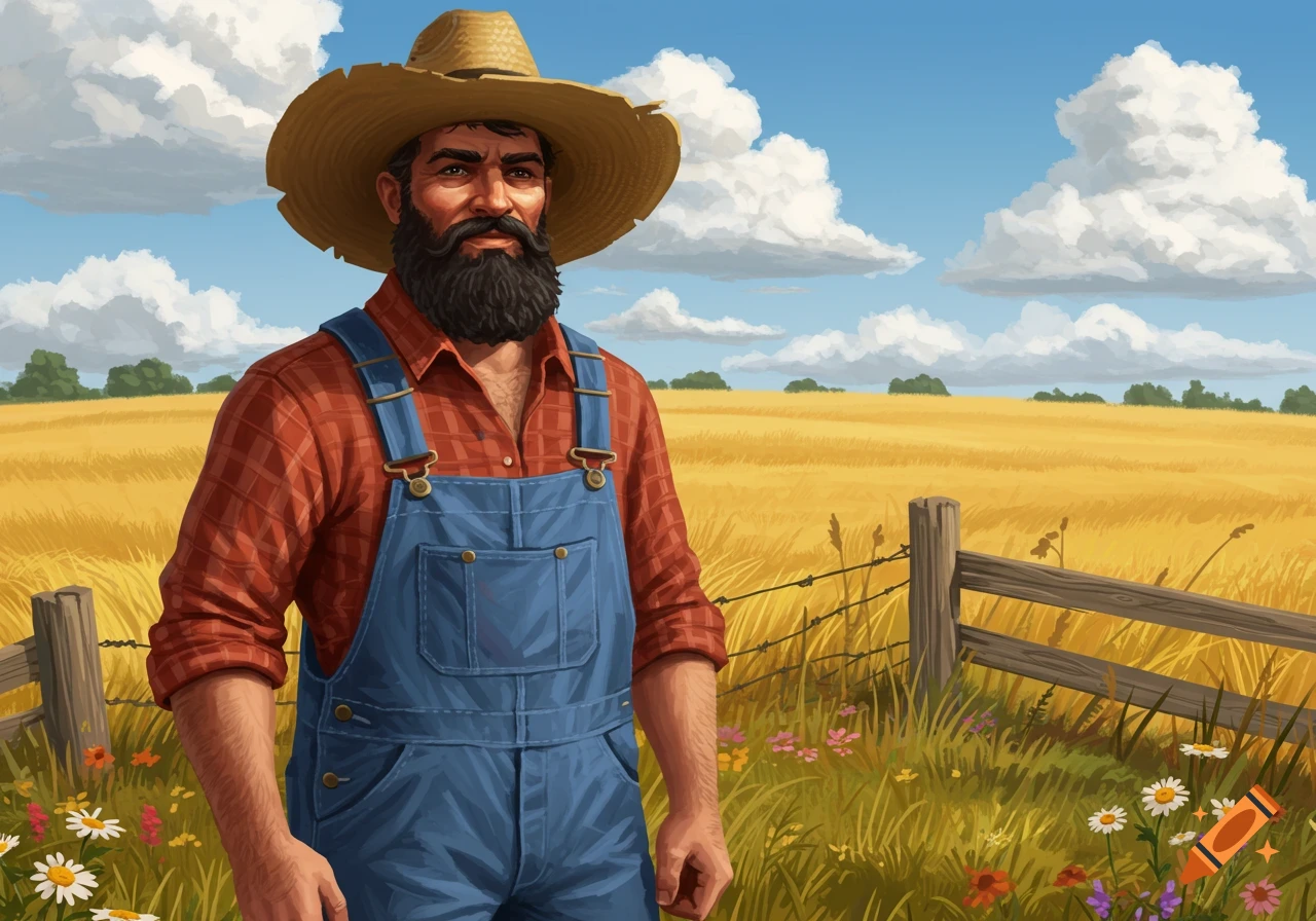 A bearded man in a straw hat and blue overalls stands in a golden wheat field next to a wooden fence.