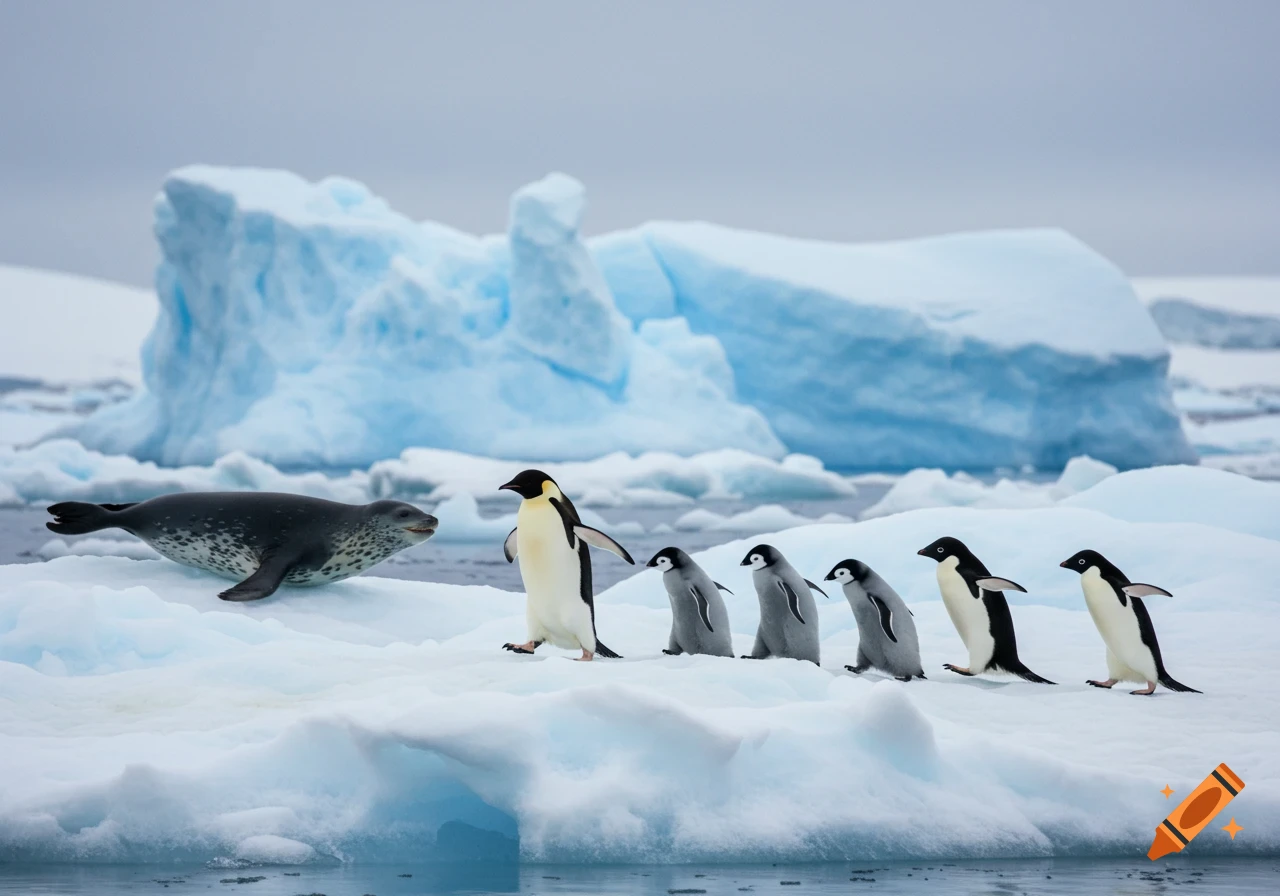 A leopard seal watches an emperor penguin and five smaller penguins walk in a line across an iceberg in a photorealistic arctic scene.