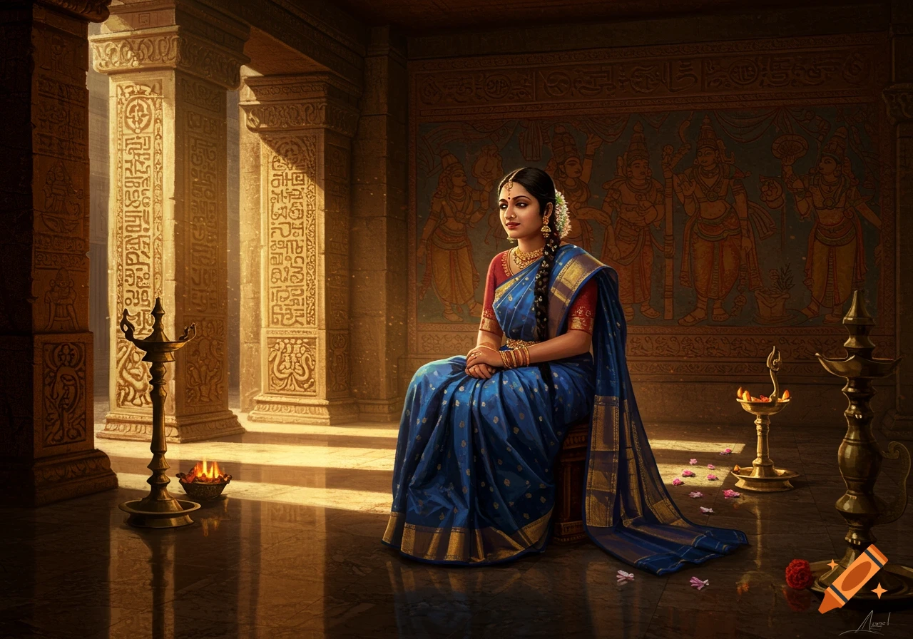 A serene Tamil lady in a blue saree and gold jewelry sits in a sunlit ancient temple hall.