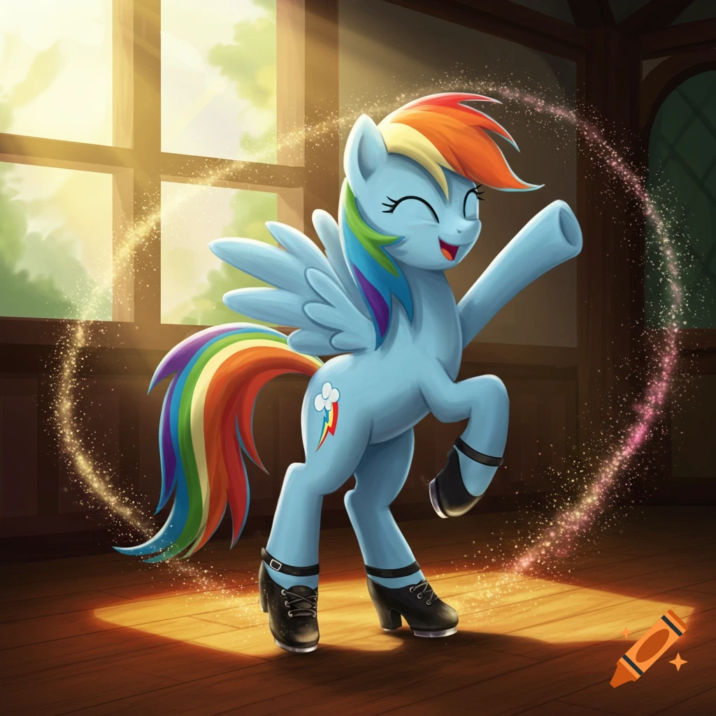 Cartoon illustration of Rainbow Dash from My Little Pony tap dancing in black Mary Jane shoes in a sunny room.