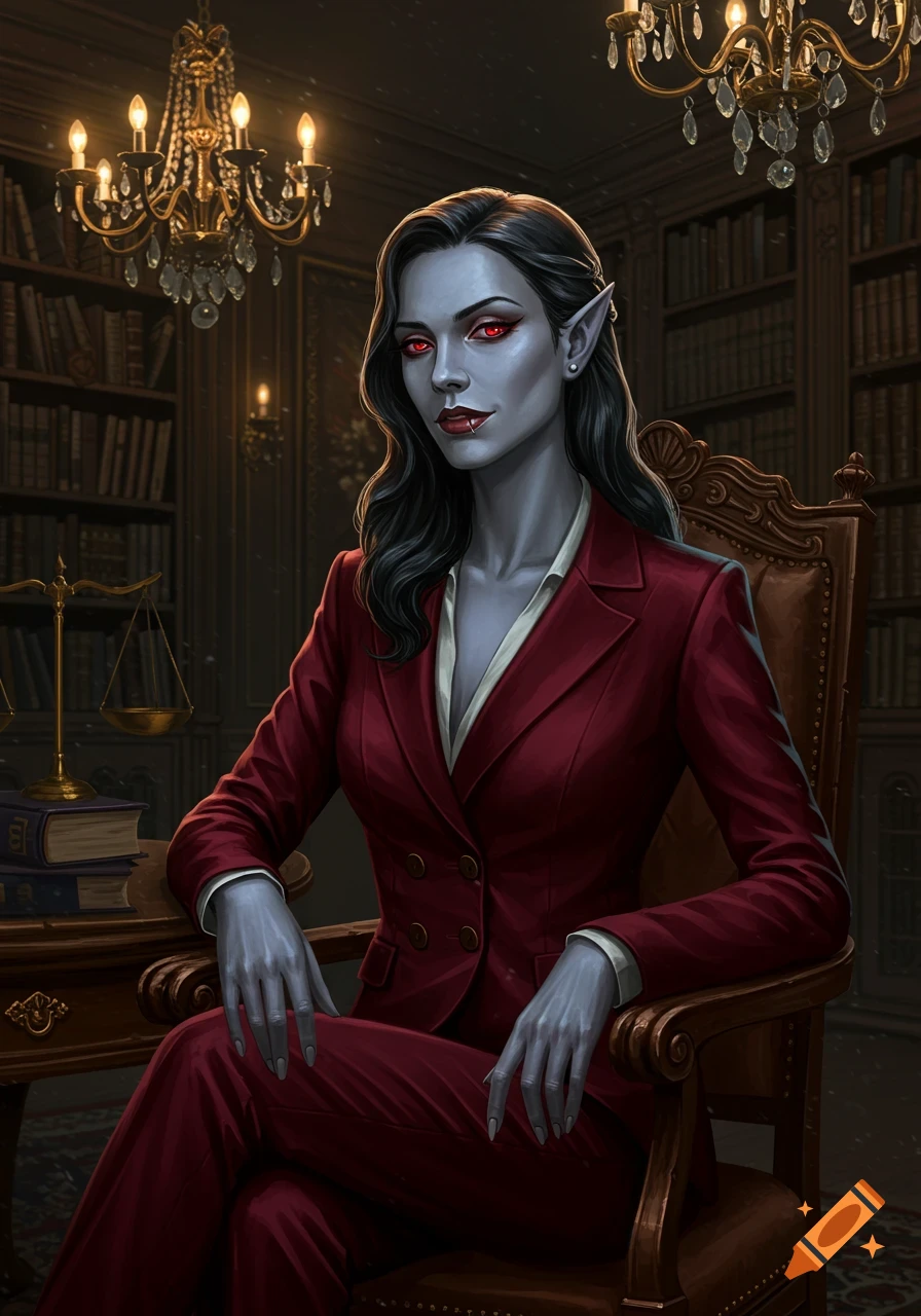 A female vampire lawyer with grey skin, red eyes, fangs, and pointy ears wears a red suit while sitting in a dark library with books and scales of justice.