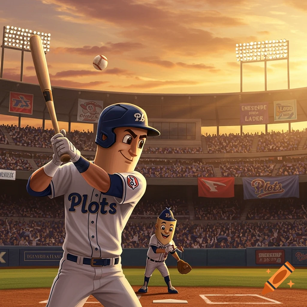 Cartoon baseball player in a white uniform and blue helmet batting at a stadium, with a peanut-shaped mascot in the background.