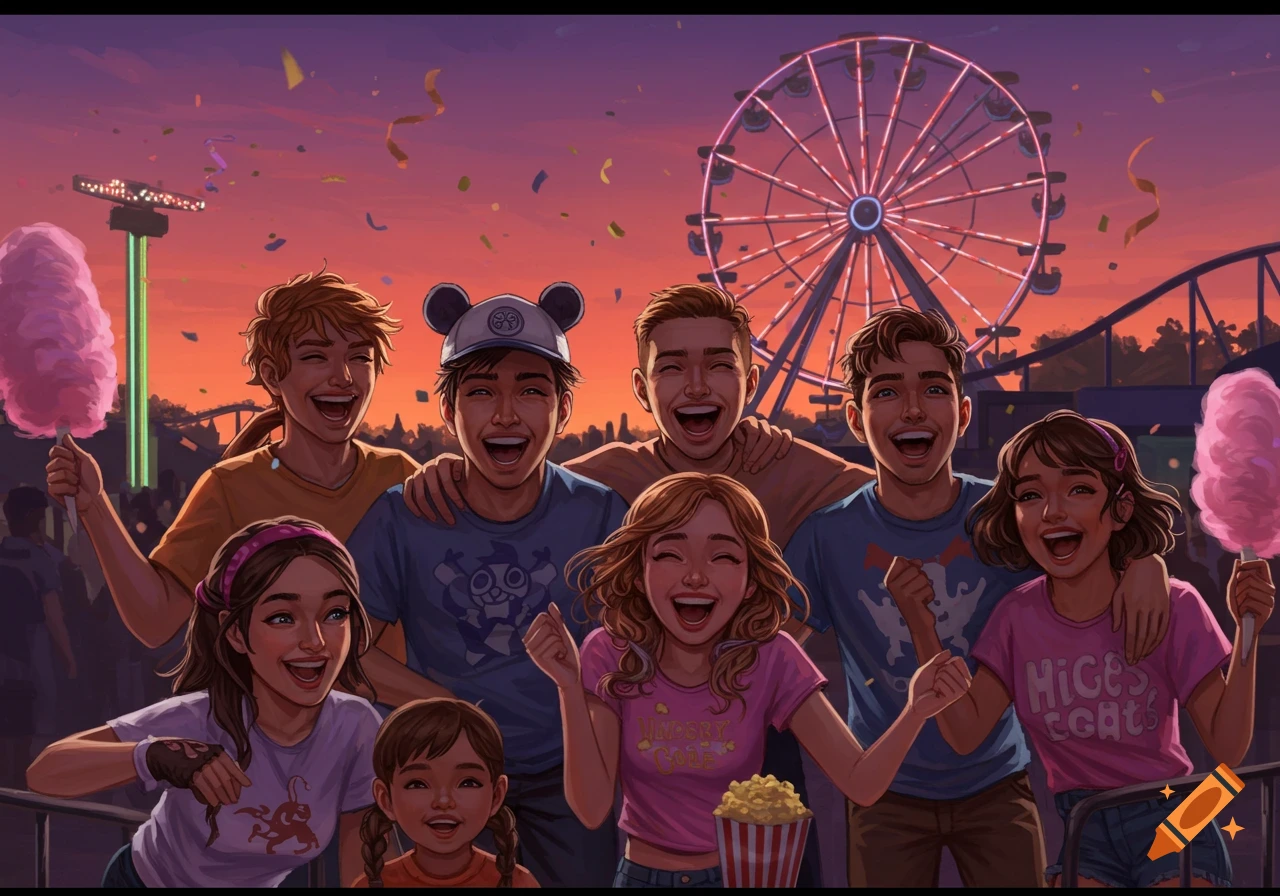A diverse group of happy teenagers and children at an amusement park during sunset, holding cotton candy and popcorn, with a Ferris wheel and roller coaster in the background.