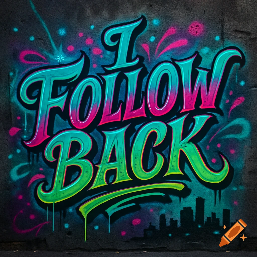 Vibrant graffiti art on a dark wall, reading 'I FOLLOW BACK' in neon teal, pink, and green, with a city skyline.