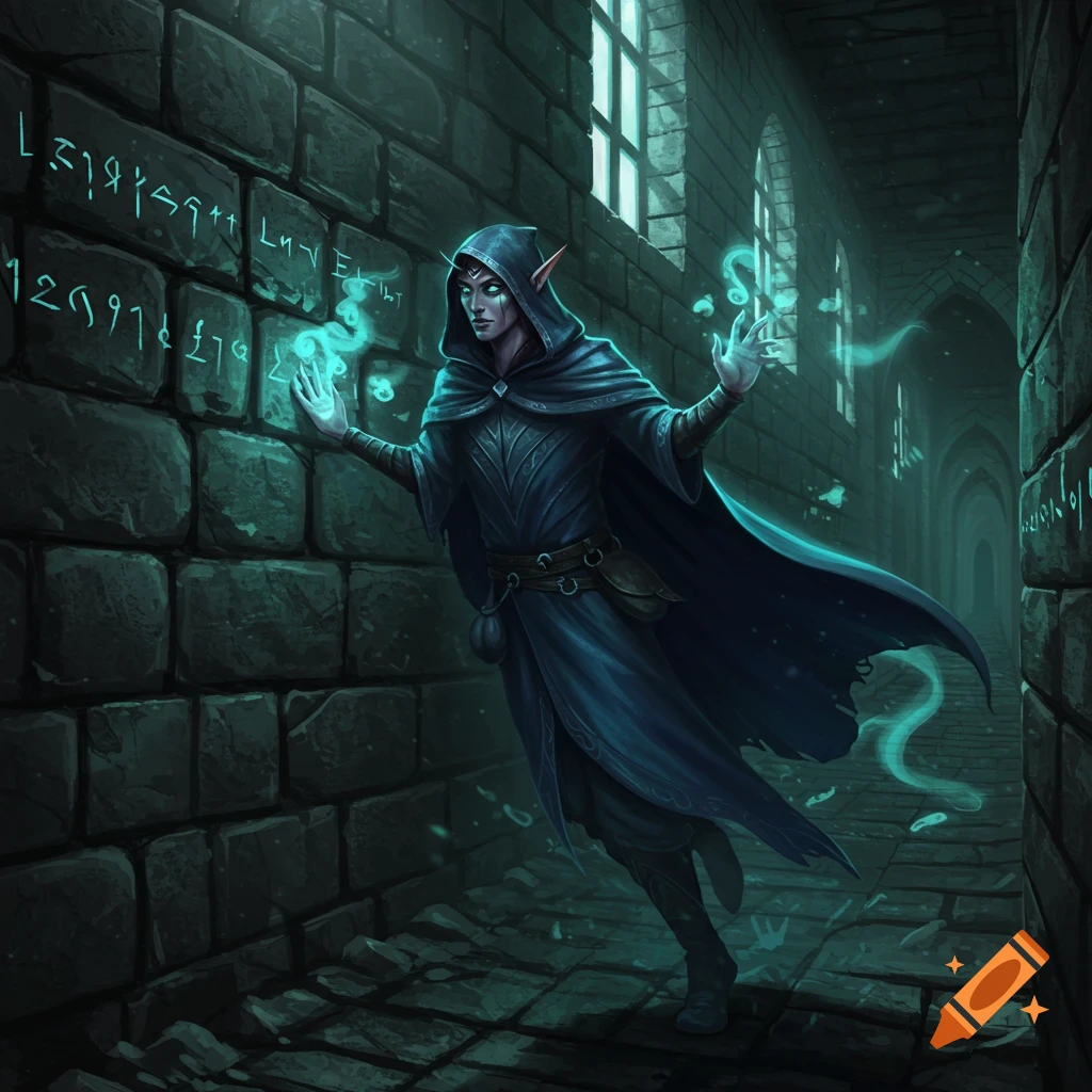 A cloaked elf with glowing hands touches a dungeon wall covered in luminous runes, surrounded by magical wisps.