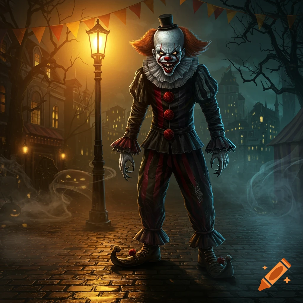 A terrifying horror clown with a top hat and ruffled costume stands on a dark, cobblestone street lit by a glowing streetlamp.