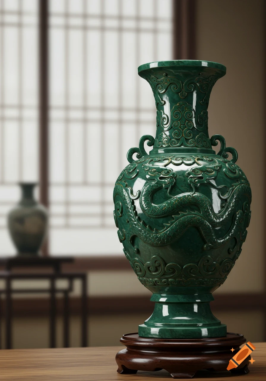 A detailed dark green Chinese jade vase with raised dragon carvings, sitting on a wooden stand against a blurred background.