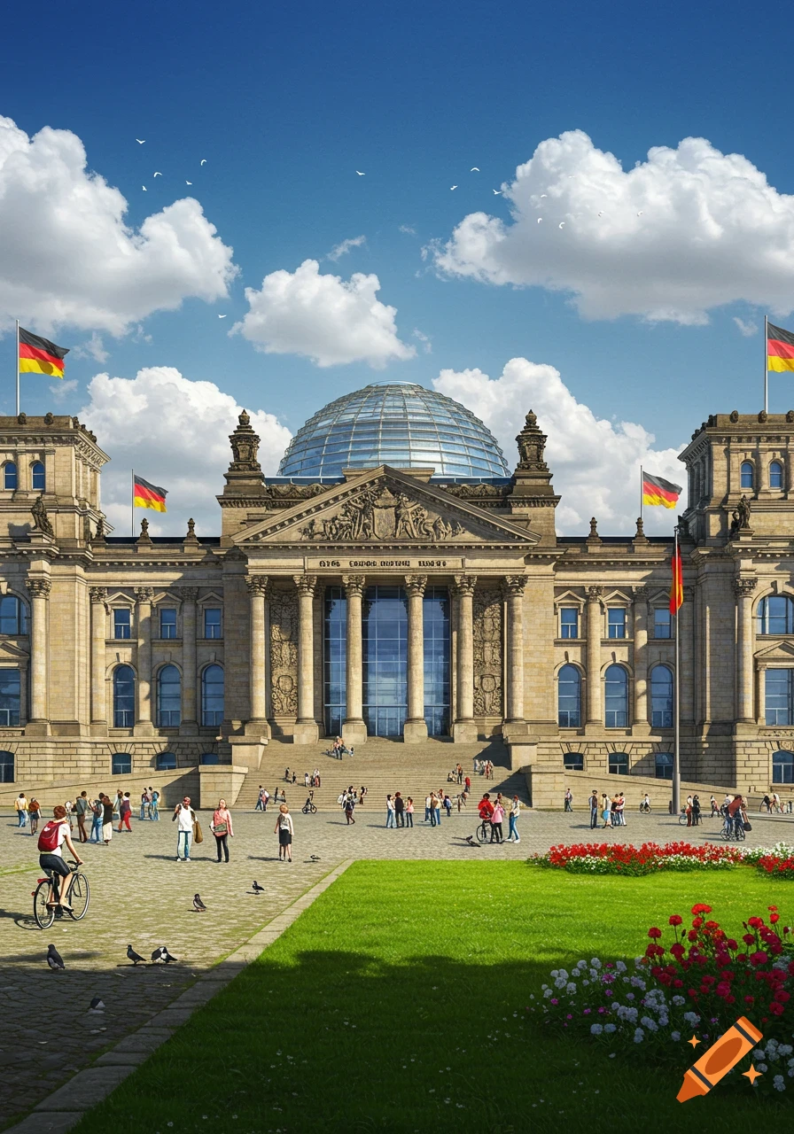 The Reichstag building in Berlin, Germany, with a glass dome, German flags, and a crowd of people in front.