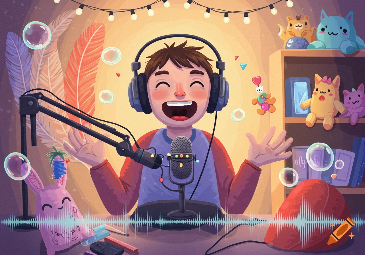 A happy cartoon boy in headphones records a podcast with a microphone, surrounded by bubbles, plush toys, feathers, and string lights.