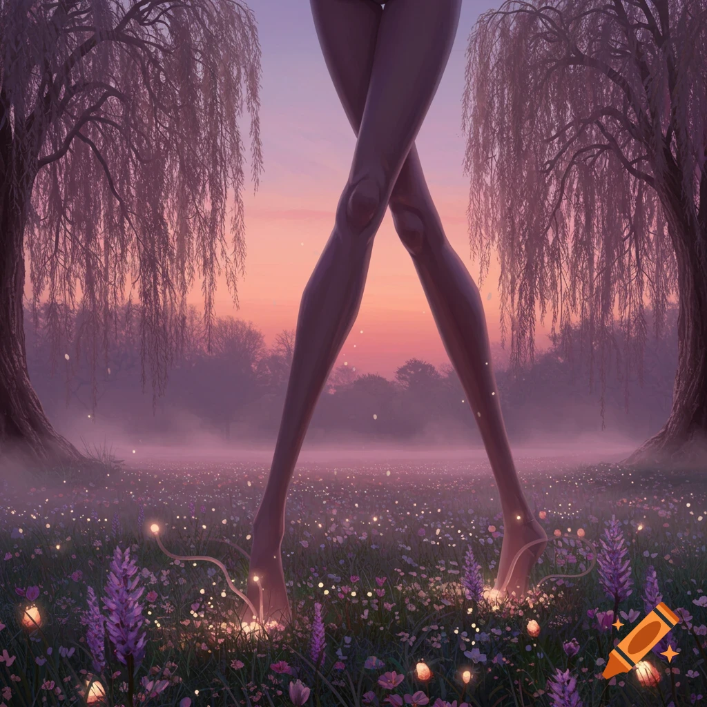 Long, stylized legs crossed in a mystical field of glowing flowers with weeping willows at sunset.