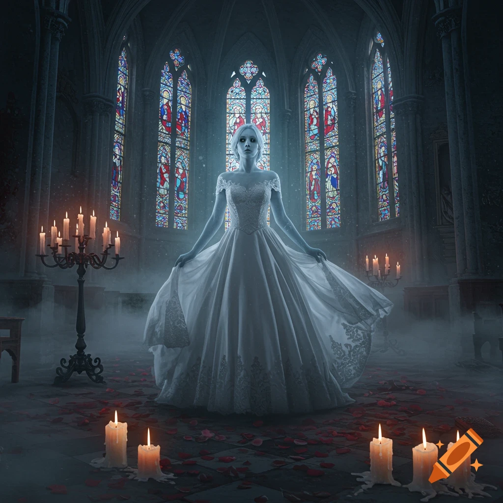 A ghostly woman in a white dress stands in a dark, misty gothic church with stained glass windows, surrounded by candles and rose petals.