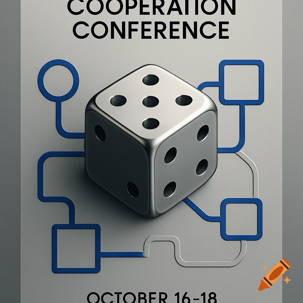 A metallic die connects to blue and white network lines on a gray background, with "COOPERATION CONFERENCE OCTOBER 16-18" text.