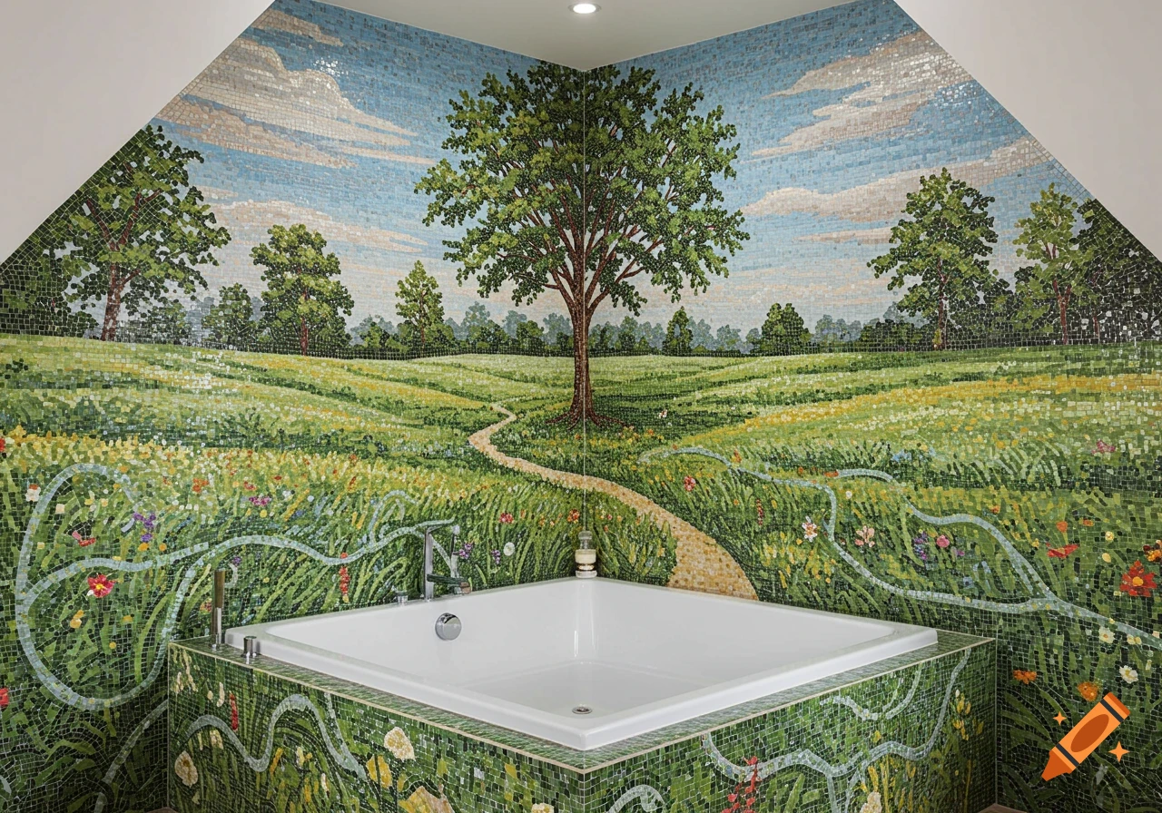 A vibrant mosaic mural covers bathroom walls and a corner bathtub, depicting a meadow with a central tree, a winding path, wildflowers, and rolling hills.