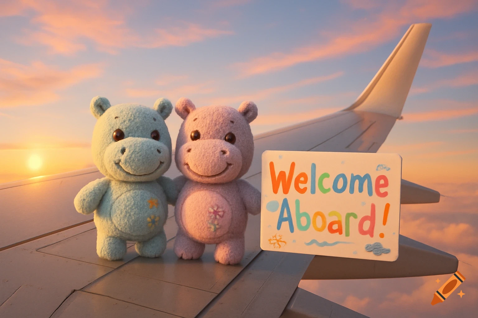 Two cute plush hippo toys, one blue and one pink, stand on an airplane wing at sunset, holding a sign that reads "Welcome Aboard!"
