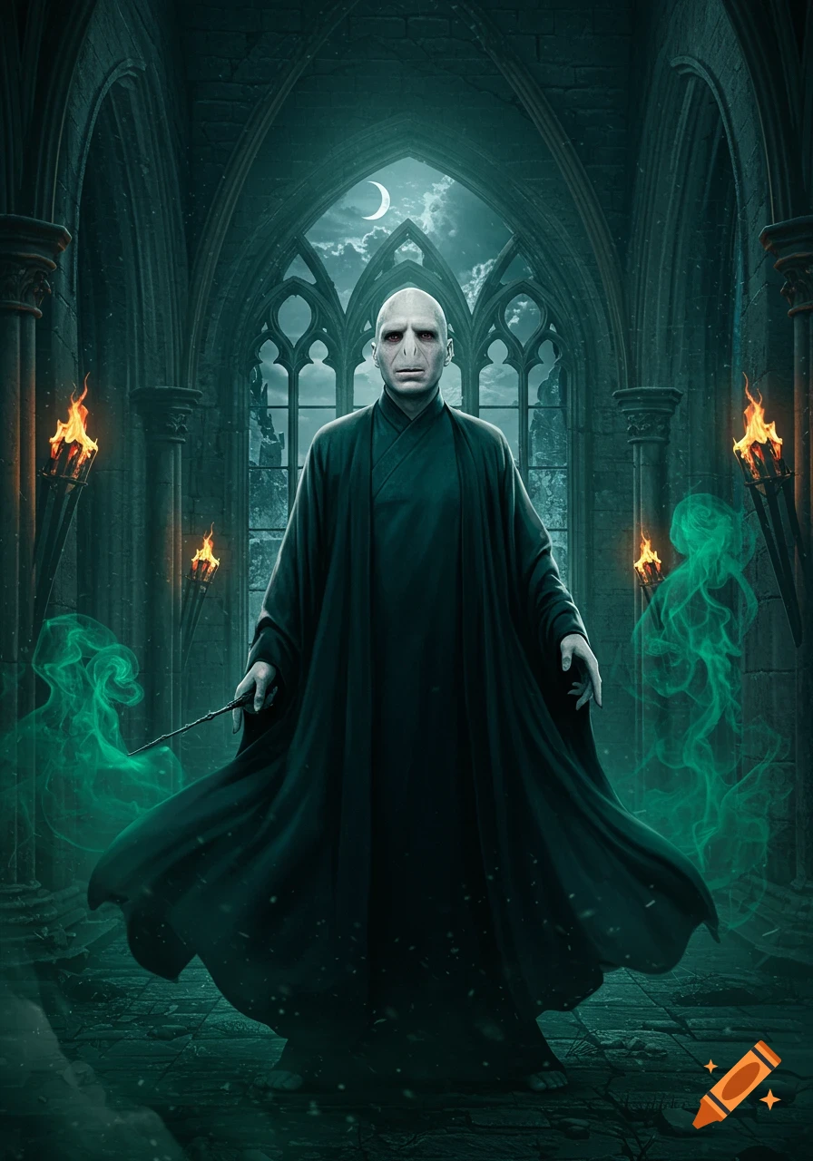Lord Voldemort, bald with a snake-like nose and pale skin, stands in a dark gothic archway holding a wand, with green mist and torches around him.