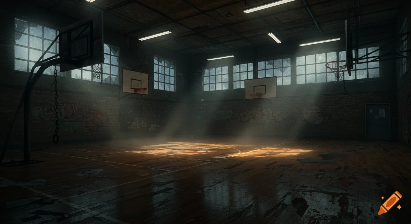 A dilapidated, dark basketball court with broken windows, graffiti-covered brick walls, and beams of light shining through the dusty air onto the worn wooden floor.