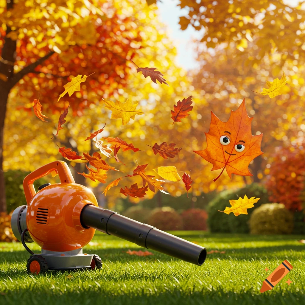 An orange leaf blower on a green lawn blows colorful autumn leaves, with one animated maple leaf winking.
