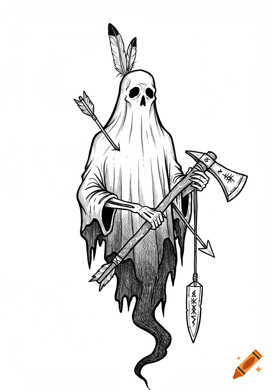 Black and white ink drawing of a ghost in a sheet, with a skull face and feathers on its head. An arrow pierces its chest, and its skeleton hands hold a tomahawk and a dagger.