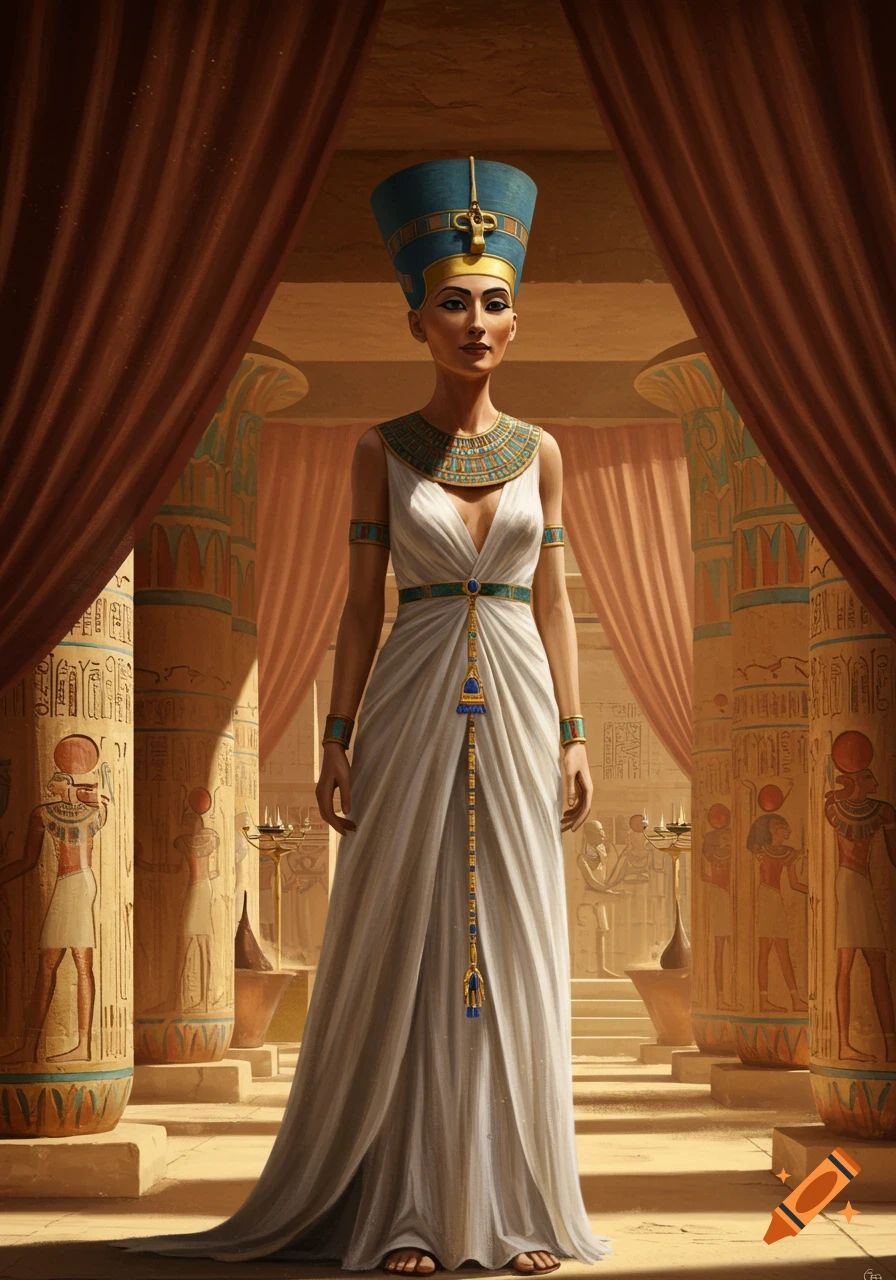 A realistic illustration of Queen Nefertiti in a tall blue crown and white dress, standing elegantly in an ancient Egyptian palace with hieroglyphic pillars.