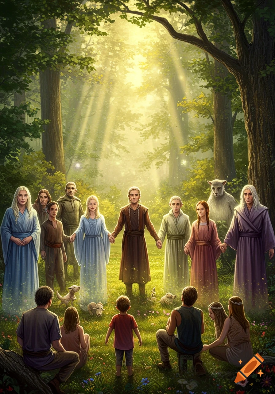 Fantasy characters, including elves and humans, hold hands in a sunlit magical forest while children and adults watch.