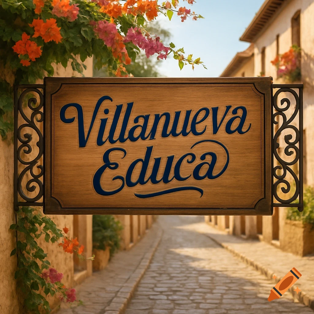 A wooden sign with 'Villanueva Educa' in blue script, surrounded by orange and pink flowers, overlooking a cobbled street in a sunny European town.