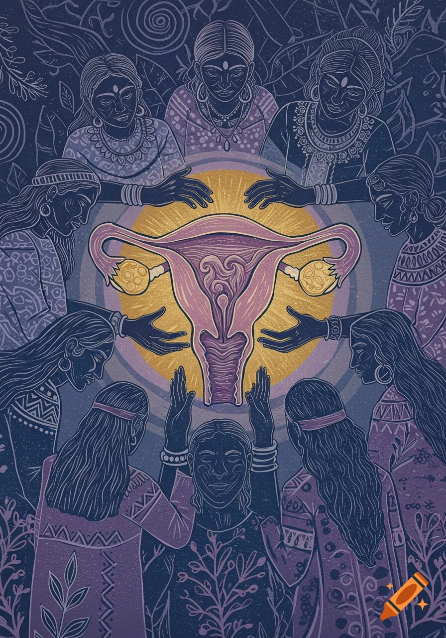A linocut illustration of a group of women surrounding a glowing uterus, with botanical patterns in purple and blue tones.