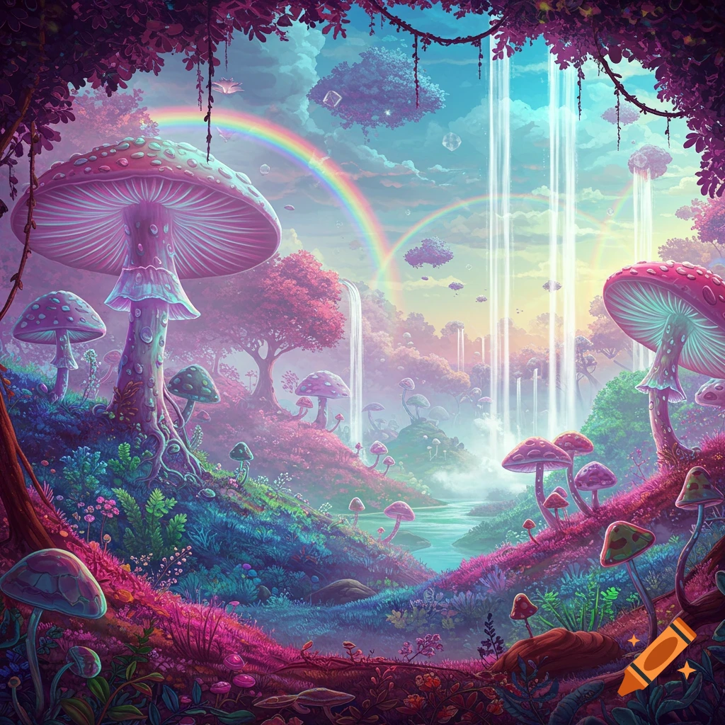 A vibrant, psychedelic fantasy landscape with glowing pink and purple mushrooms, multiple rainbows, and ethereal waterfalls under a colorful sky.