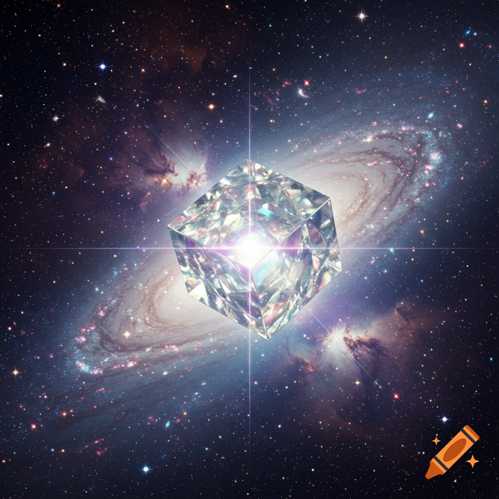 A sparkling, faceted crystal cube floats prominently in the center of a swirling spiral galaxy in deep space.