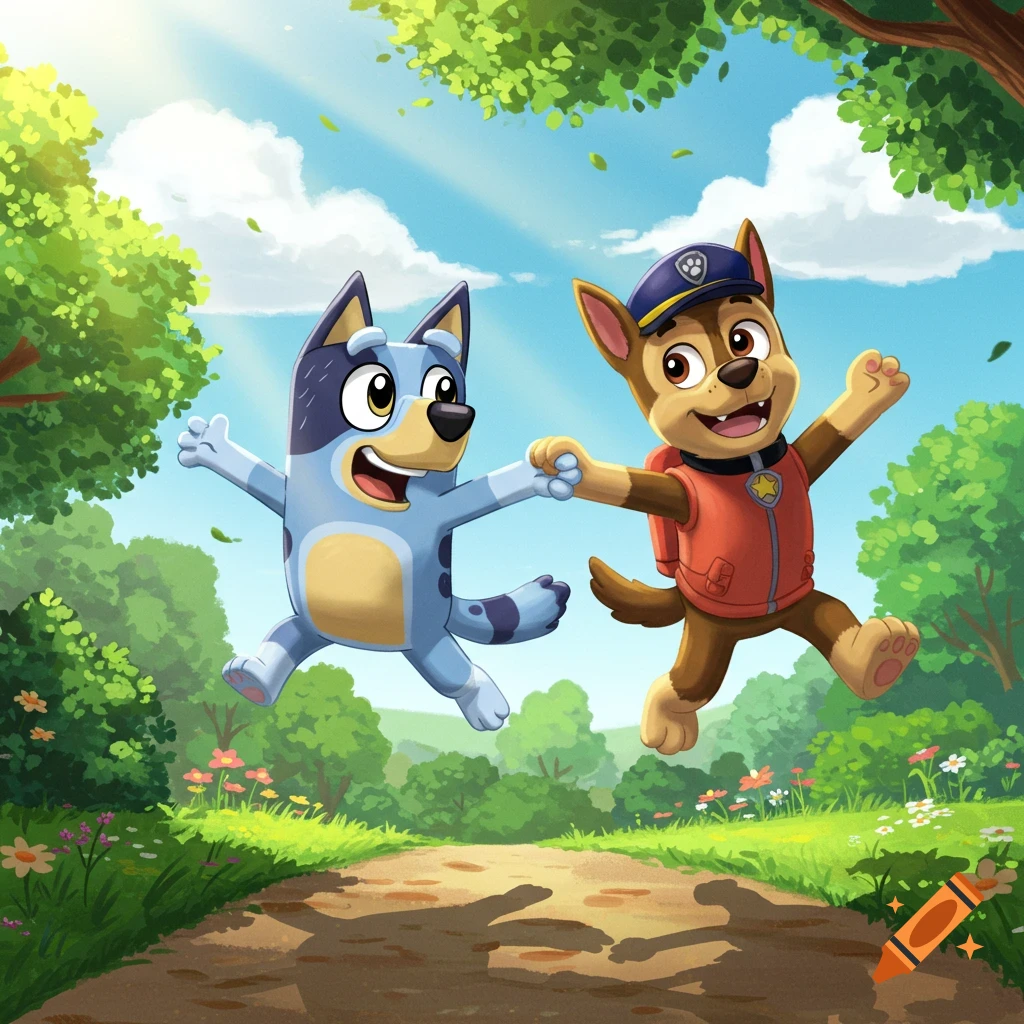 Bluey and Chase from Paw Patrol jump, holding hands, on a sunny dirt path surrounded by green trees and flowers.