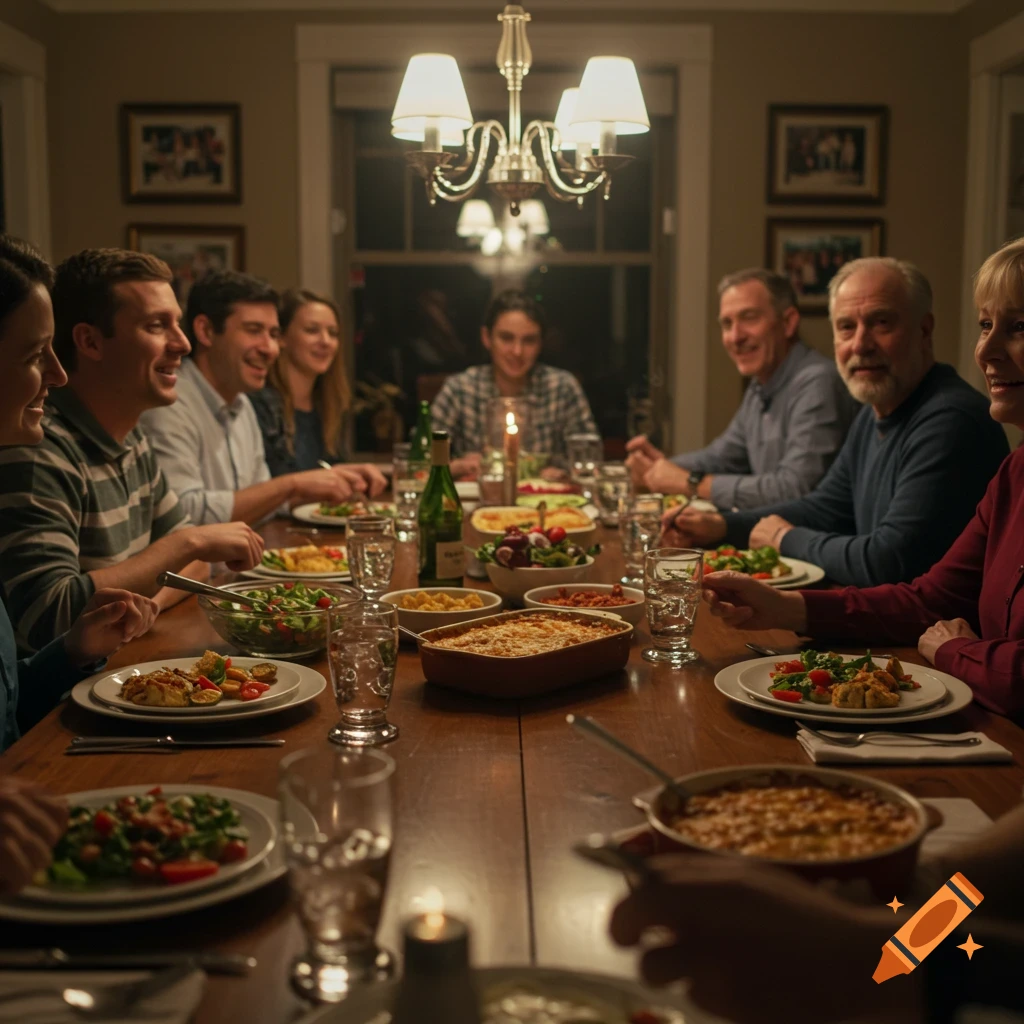 A photorealistic scene of a diverse family enjoying a candlelit dinner around a wooden table, eating and conversing.