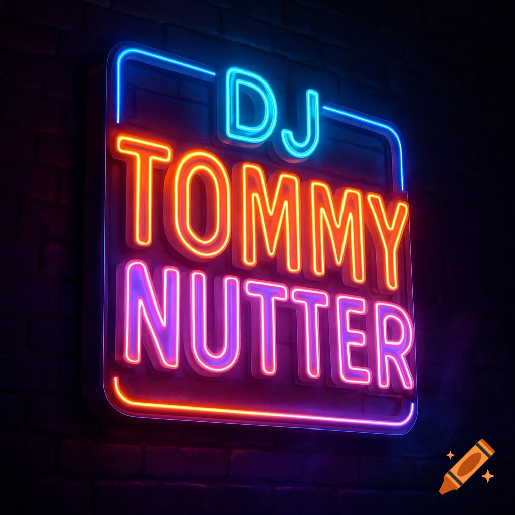 A vibrant blue, orange, and purple neon sign on a brick wall reads 'DJ TOMMY NUTTER'.