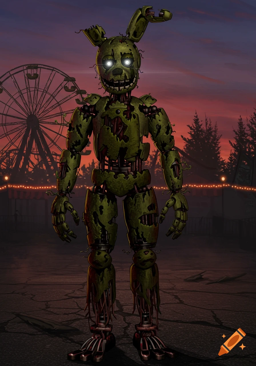 A decaying green animatronic with glowing eyes stands in an abandoned carnival at dusk, with a Ferris wheel in the background.