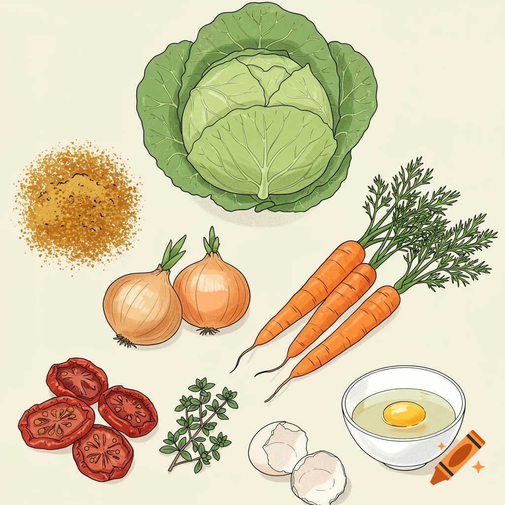 A simple line drawing in color of various ingredients including a head of cabbage, a pile of spices, two onions, three carrots, dried tomato slices, a sprig of oregano, and a cracked egg in a bowl with eggshells.