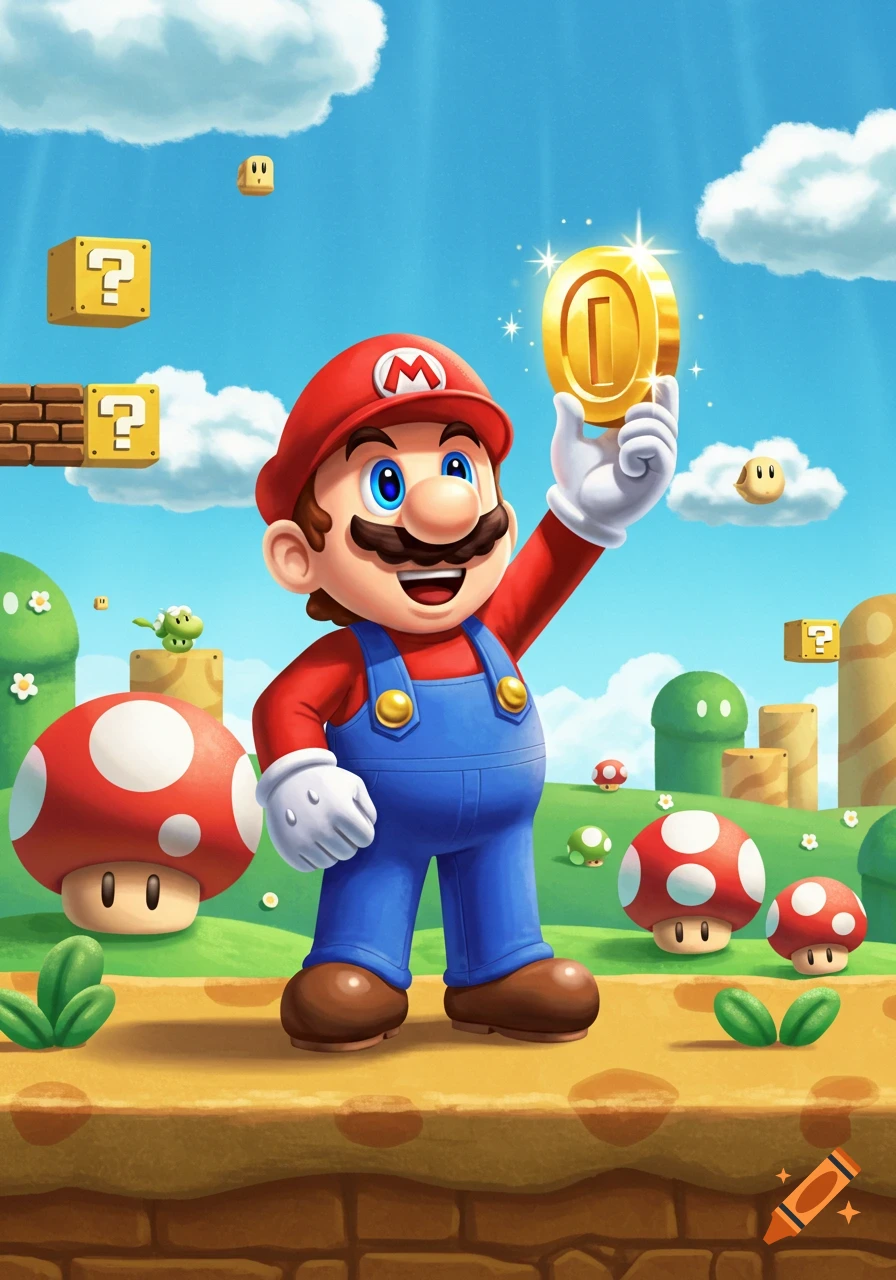 Cartoon Mario smiling and holding a sparkling golden coin in a vibrant Super Mario Bros. landscape with question blocks, enemies, and mushrooms under a blue sky.