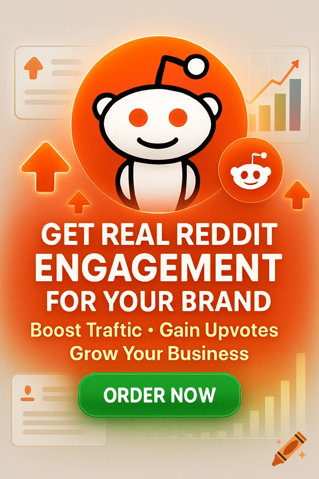A digital ad with a Reddit Snoo mascot, upvote arrows, and graphs, promoting 'Get Real Reddit Engagement for Your Brand' with 'Boost Trafic Gain Upvotes Grow Your Business' and an 'ORDER NOW' button.