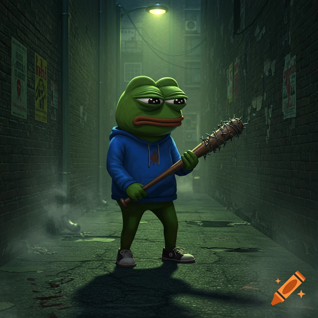 A cartoon Pepe the Frog in a blue hoodie stands in a dark alley, holding a baseball bat wrapped with barbed wire.