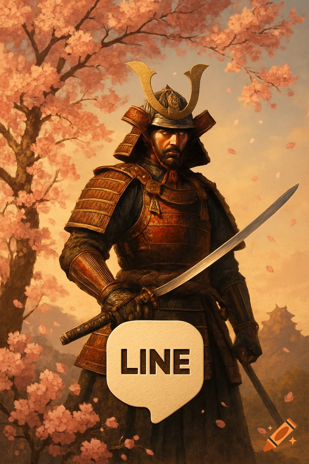 A digital painting of a samurai warrior holding a sword under a cherry blossom tree, with the LINE logo in the foreground.
