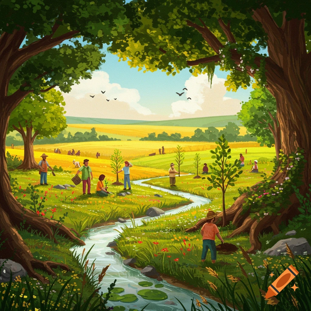 An illustration of people planting trees along a winding river in a lush, green valley with golden fields, framed by large trees.