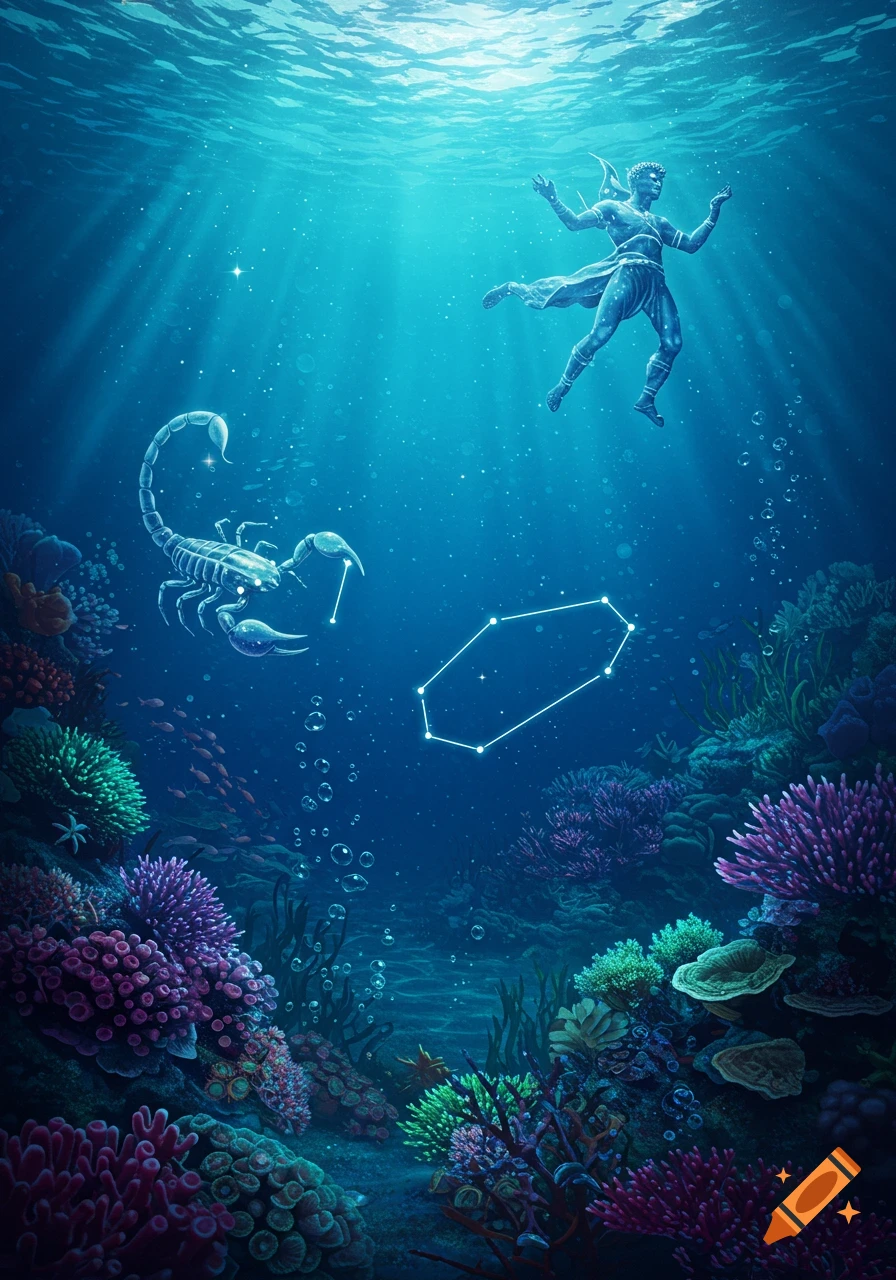 Underwater scene with a stylized human figure (Orion) and a glowing scorpion constellation above vibrant coral reefs.
