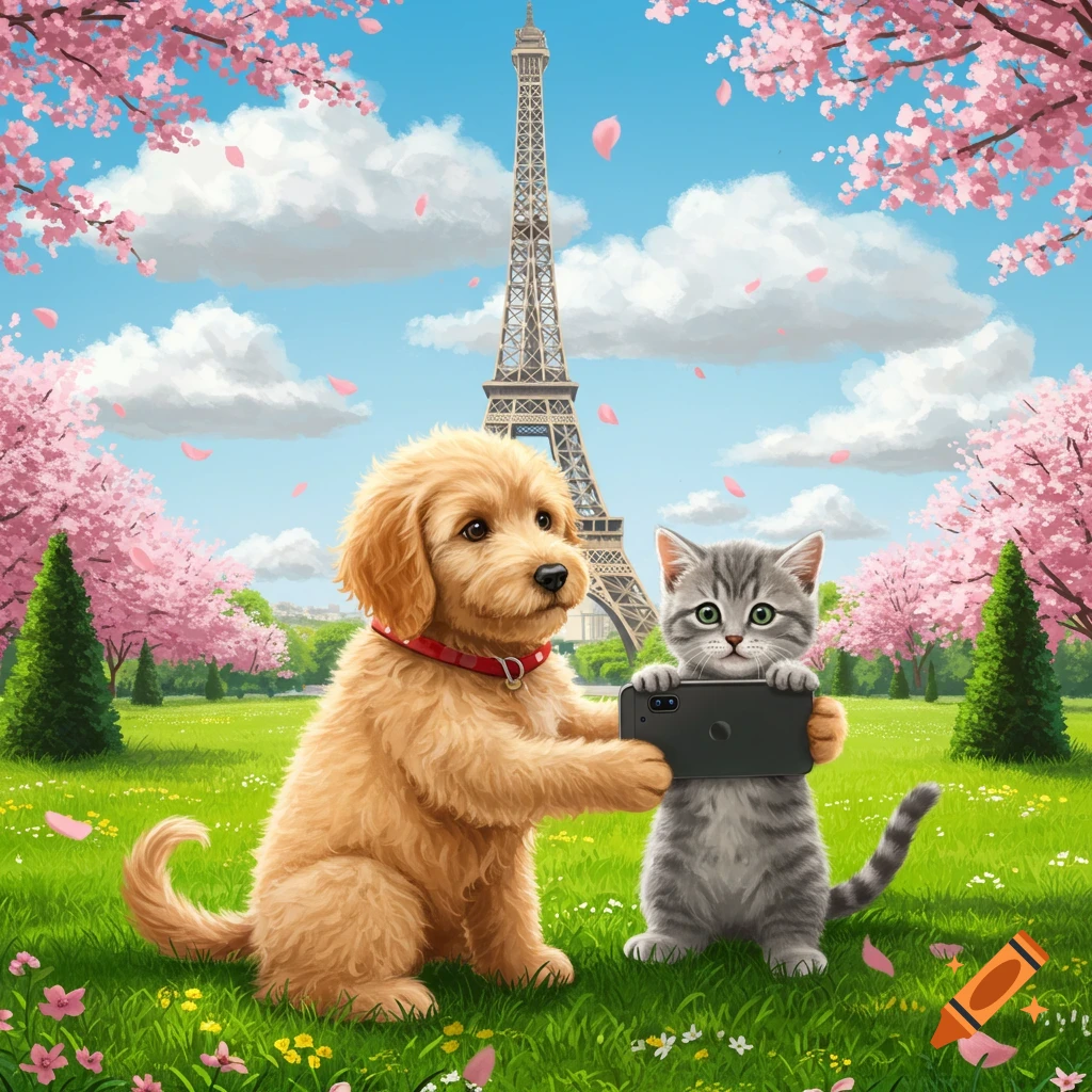 A cartoon puppy and kitten taking a selfie in a spring park with cherry blossoms and the Eiffel Tower in the background.