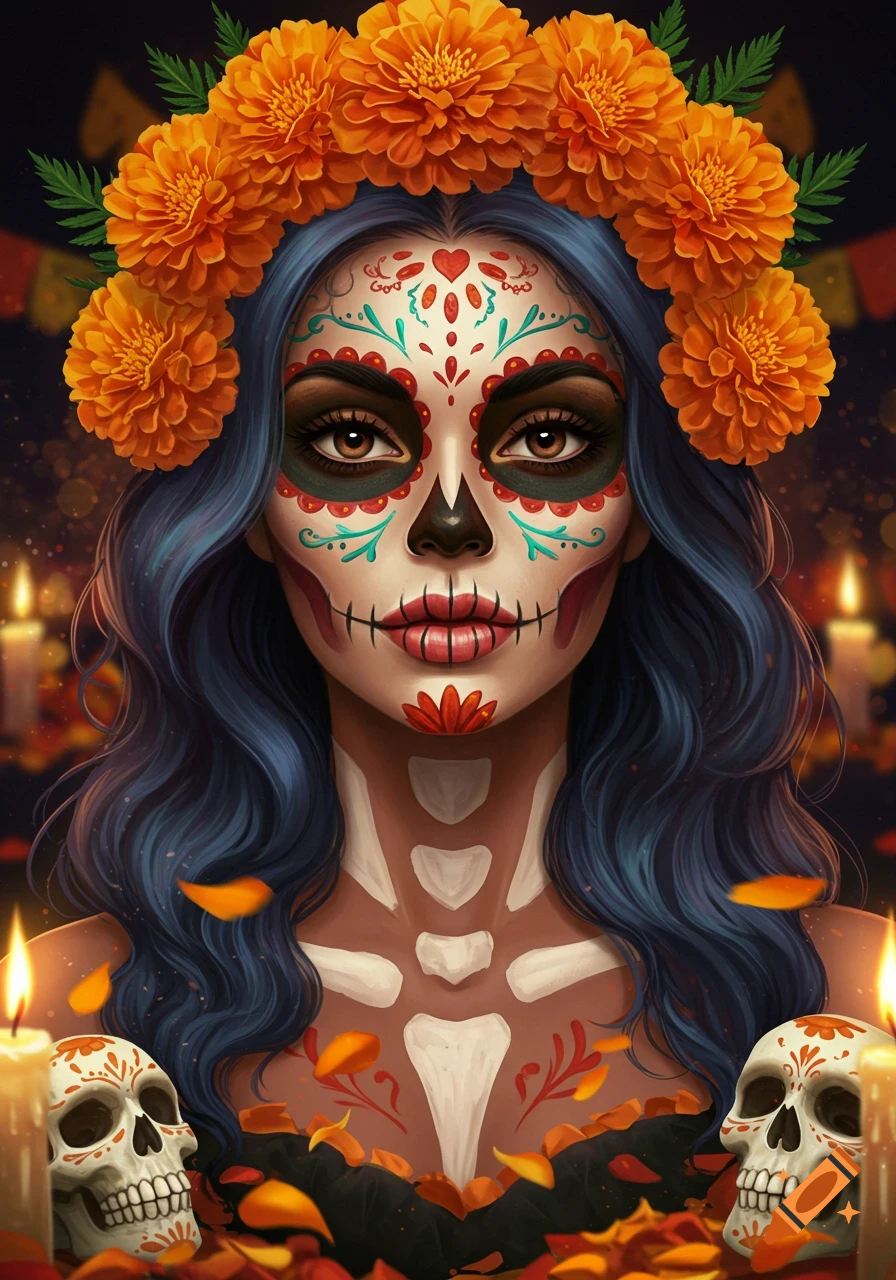 Close-up portrait of a woman with intricate Dia de los Muertos skull makeup, blue hair, marigold crown, candles, and skulls.